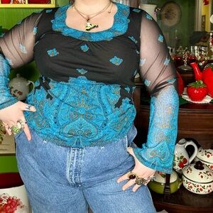 Y2k Boho Fairycore Black & Blue Paisley Print Sheer Longsleeve Mesh Blouse SizeL